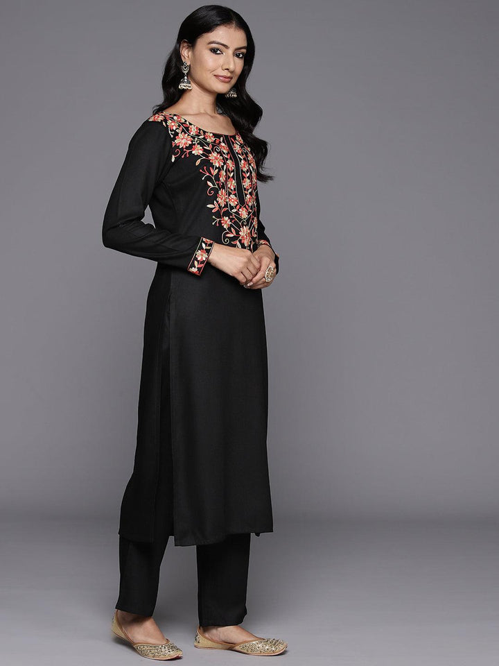 Black Yoke Design Wool Blend Straight Kurta With Palazzos - Libas