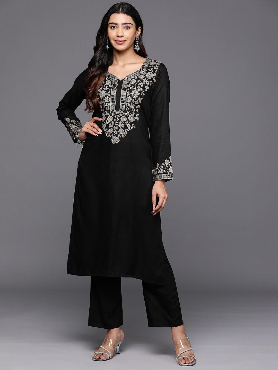 Black Yoke Design Wool Blend Straight Kurta With Palazzos - Libas