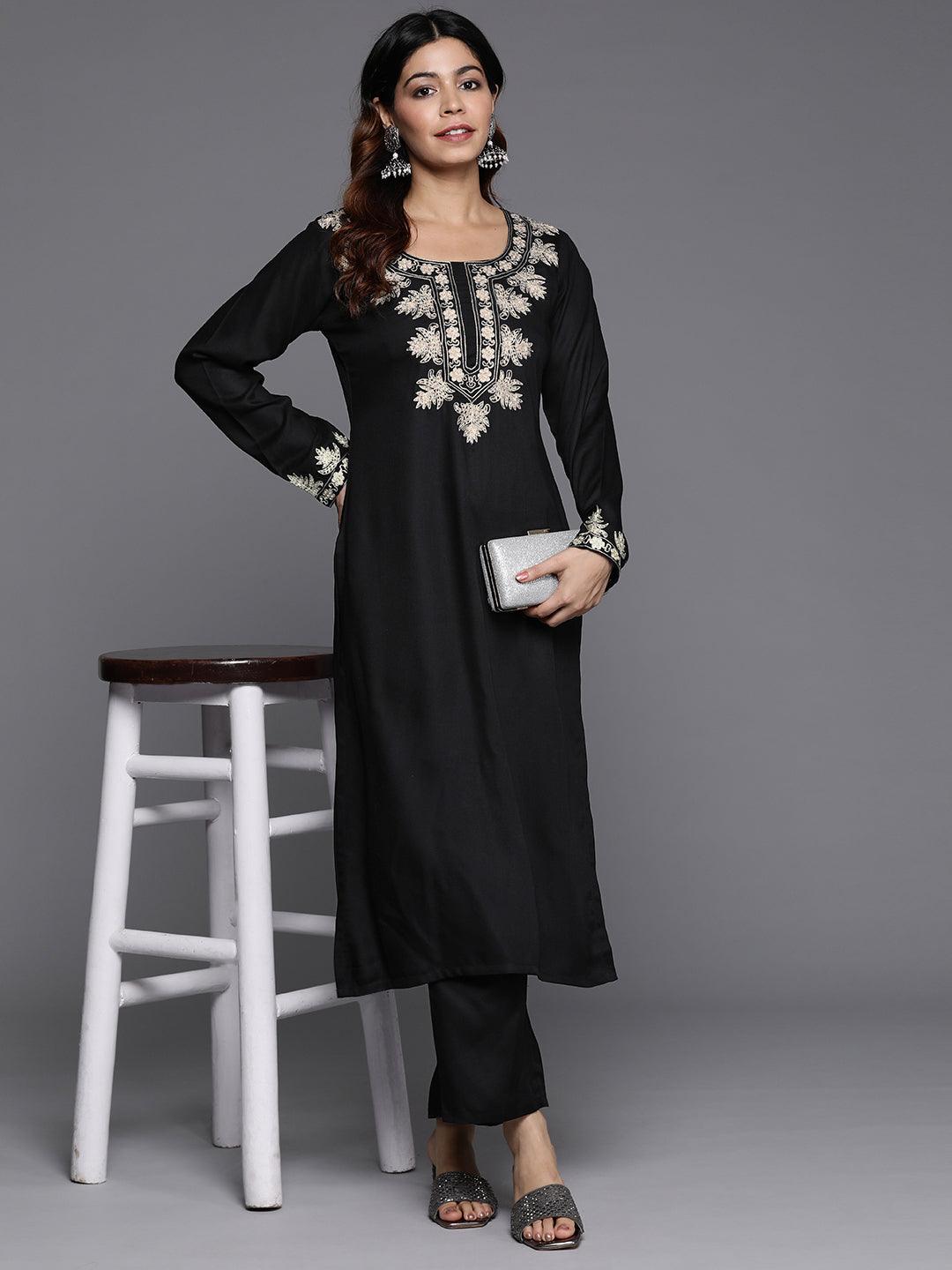 Black Yoke Design Wool Blend Straight Kurta With Palazzos - Libas