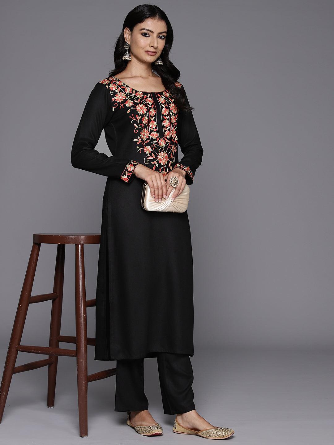 Black Yoke Design Wool Blend Straight Kurta With Palazzos - Libas