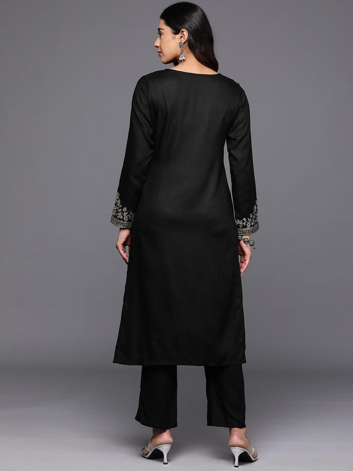 Black Yoke Design Wool Blend Straight Kurta With Palazzos - Libas