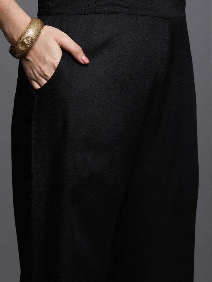 Black Yoke Design Wool Blend Straight Kurta With Palazzos - Libas