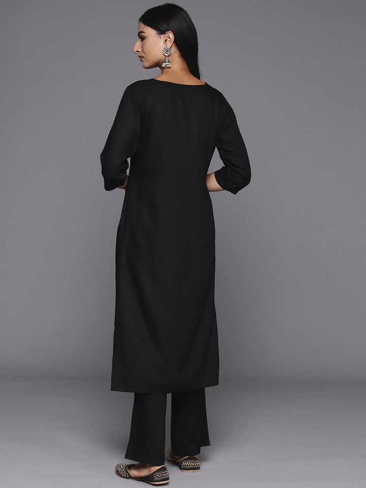 Black Yoke Design Wool Blend Straight Kurta With Trousers - Libas