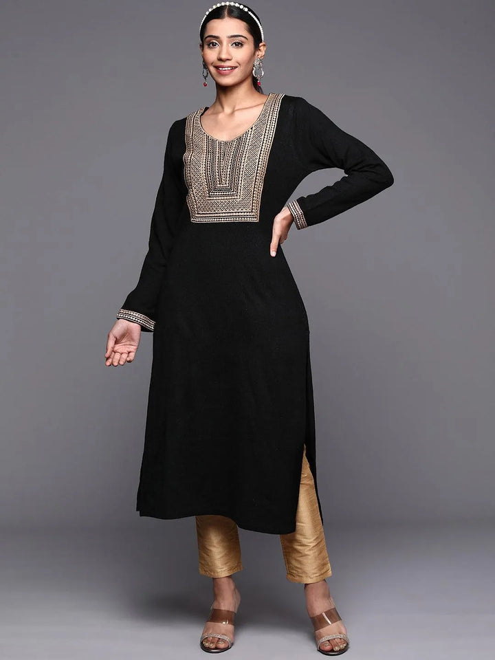 Black Yoke Design Wool Straight Kurta - Libas