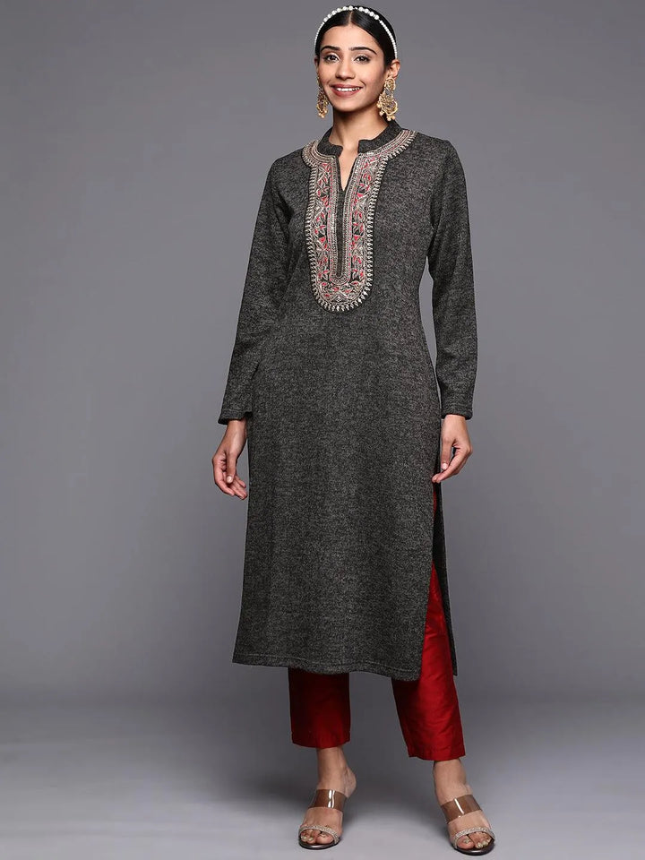 Black Yoke Design Wool Straight Kurta - Libas