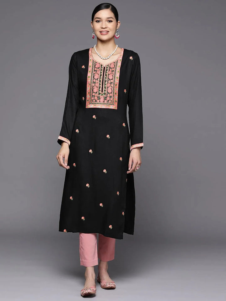 Black Yoke Design Wool Straight Kurta - Libas