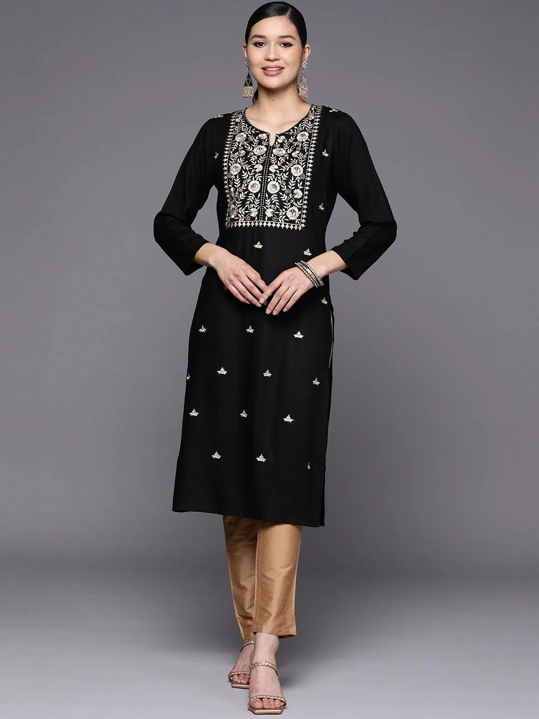 Black Yoke Design Wool Straight Kurta - Libas