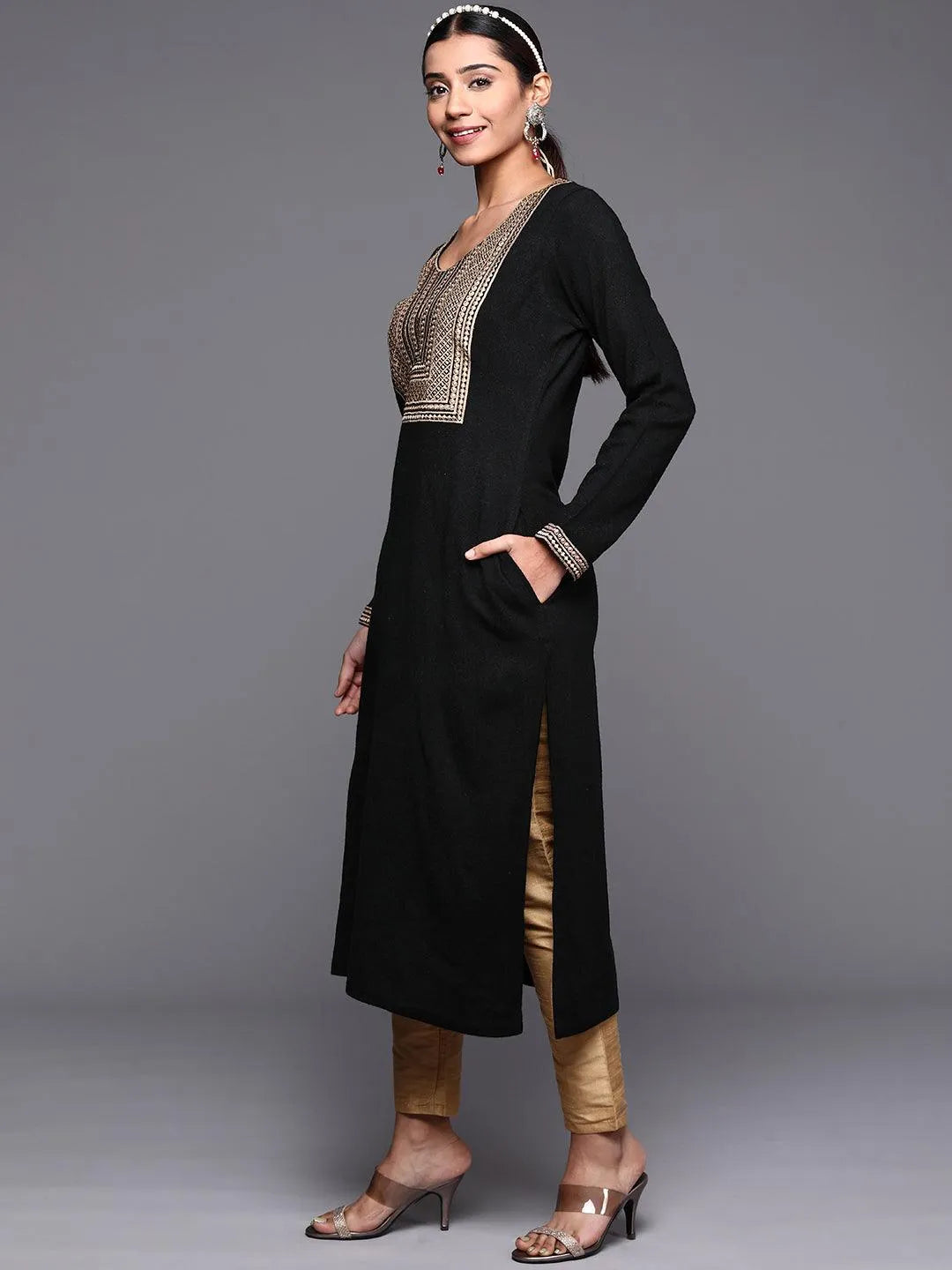 Black Yoke Design Wool Straight Kurta - Libas