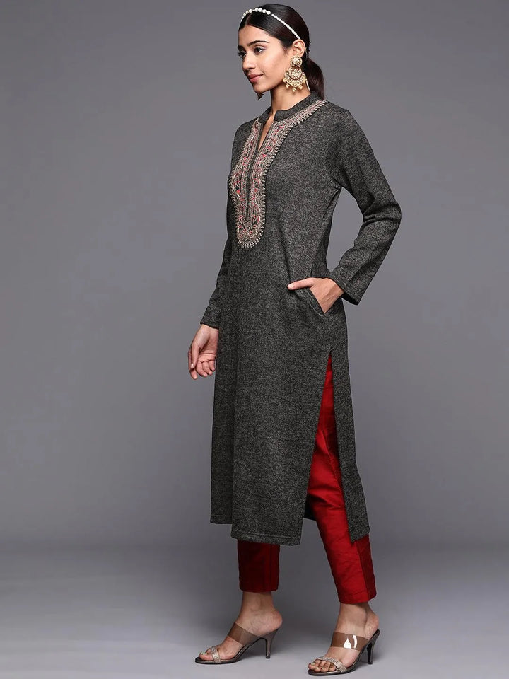 Black Yoke Design Wool Straight Kurta - Libas