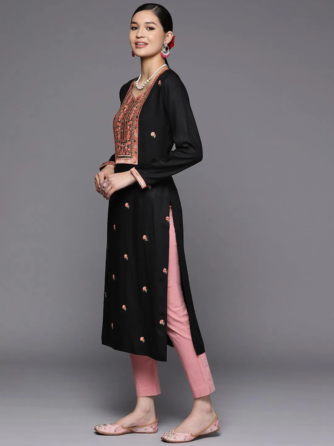 Black Yoke Design Wool Straight Kurta - Libas