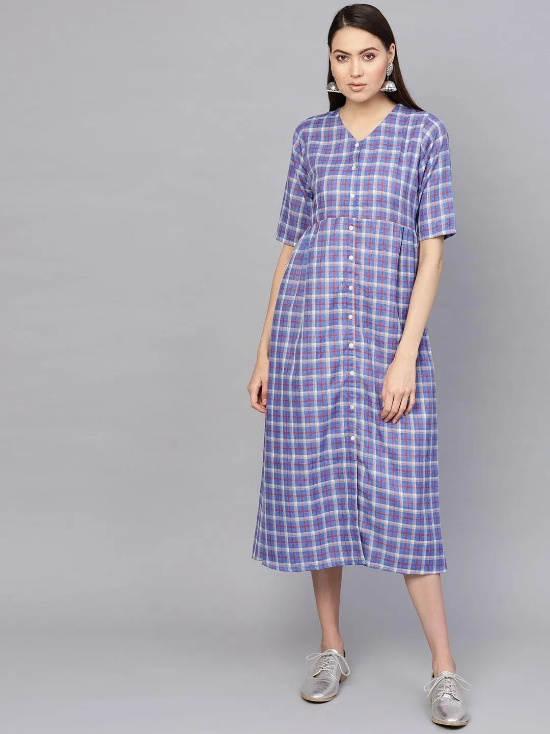 Blue Checkered Cotton Dress - Libas