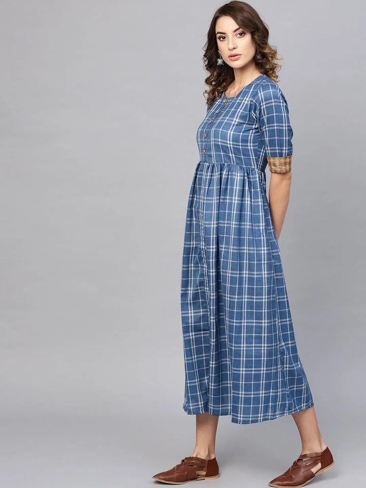 Blue Checkered Cotton Dress - Libas