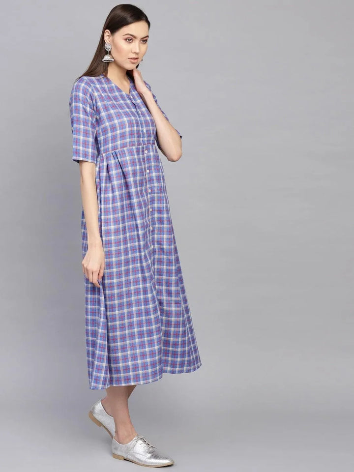 Blue Checkered Cotton Dress - Libas