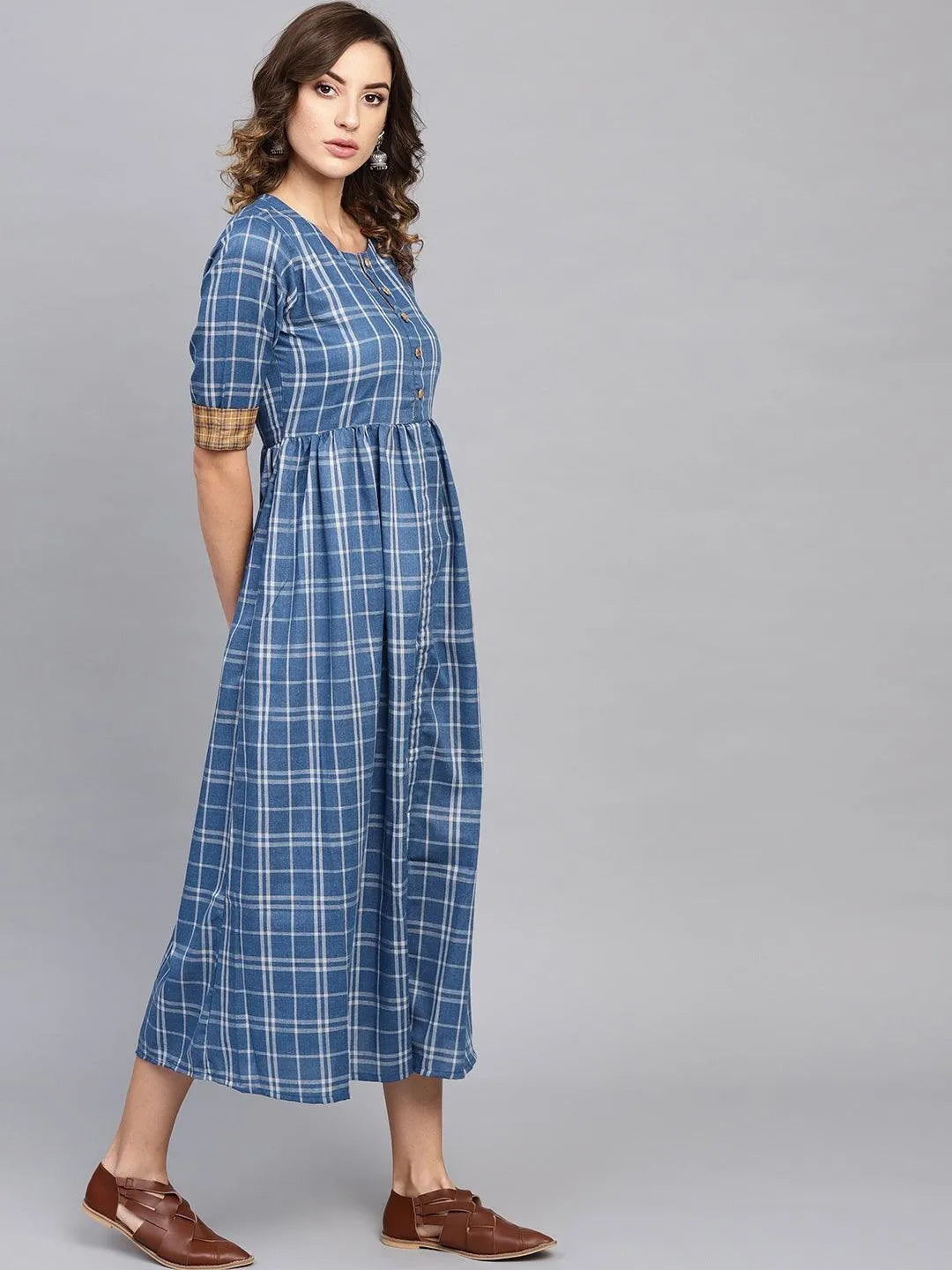 Blue Checkered Cotton Dress - Libas