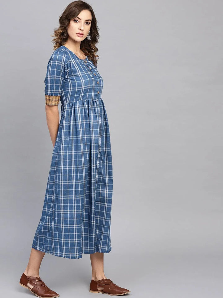 Blue Checkered Cotton Dress - Libas