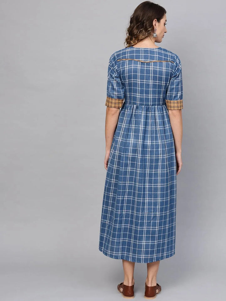 Blue Checkered Cotton Dress - Libas