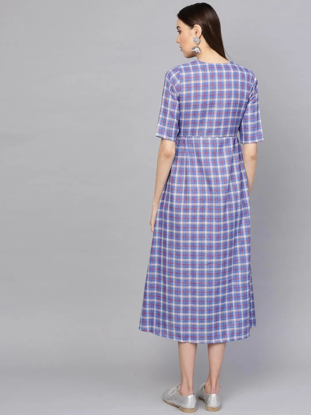 Blue Checkered Cotton Dress - Libas