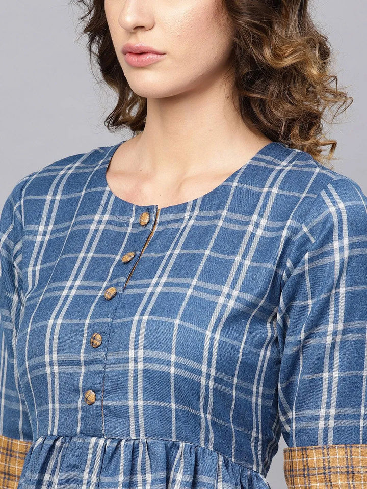 Blue Checkered Cotton Dress - Libas