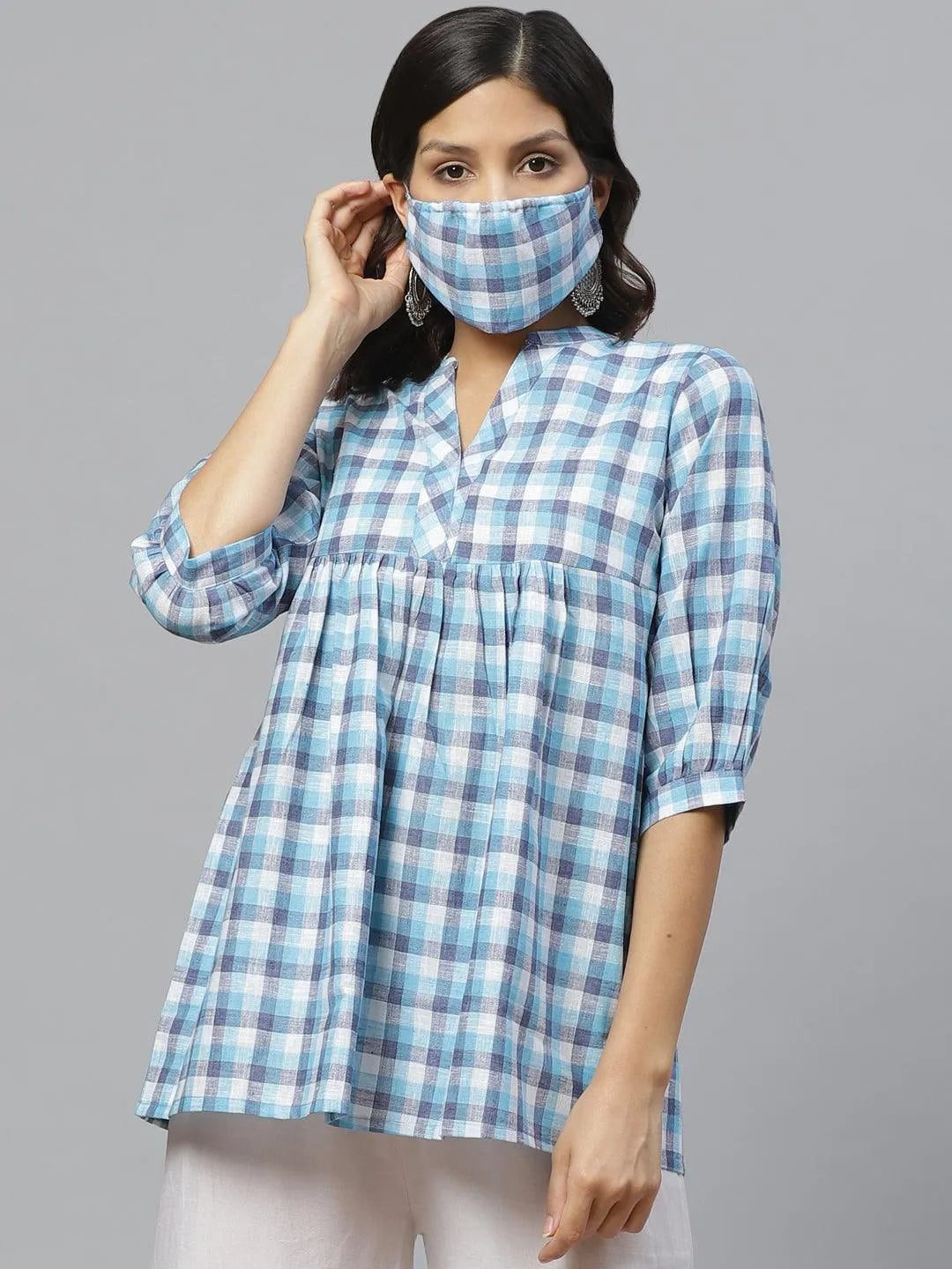 Blue Checkered Cotton Kurti With Mask - Libas