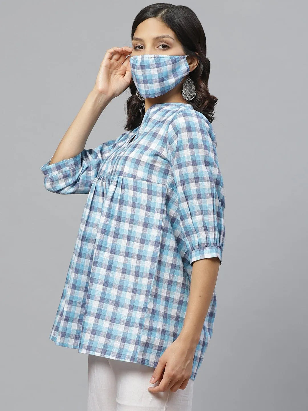 Blue Checkered Cotton Kurti With Mask - Libas