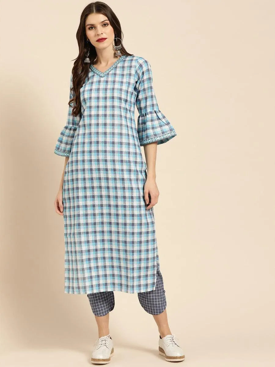 Blue Checkered Cotton Kurta Set - Libas 