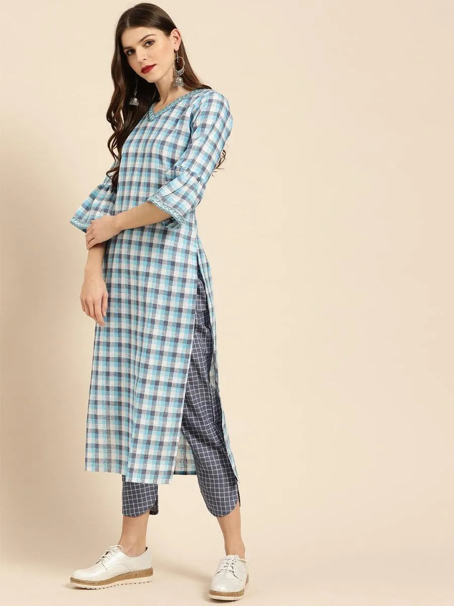 Blue Checkered Cotton Kurta Set - Libas 