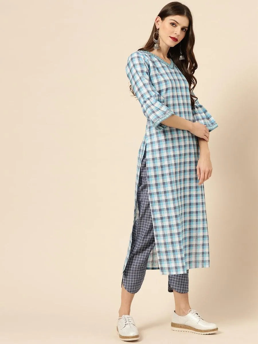 Blue Checkered Cotton Kurta Set - Libas