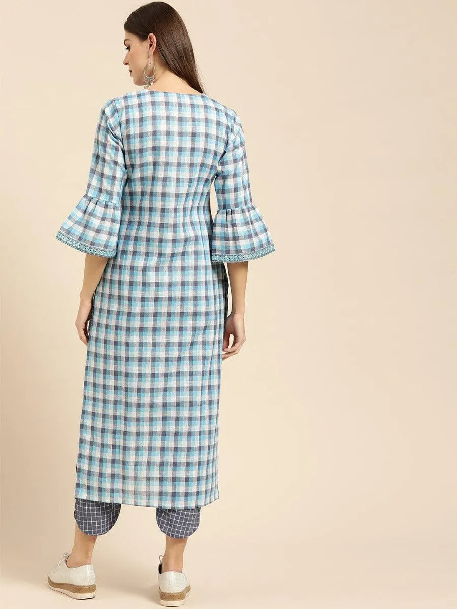 Blue Checkered Cotton Kurta Set - Libas 