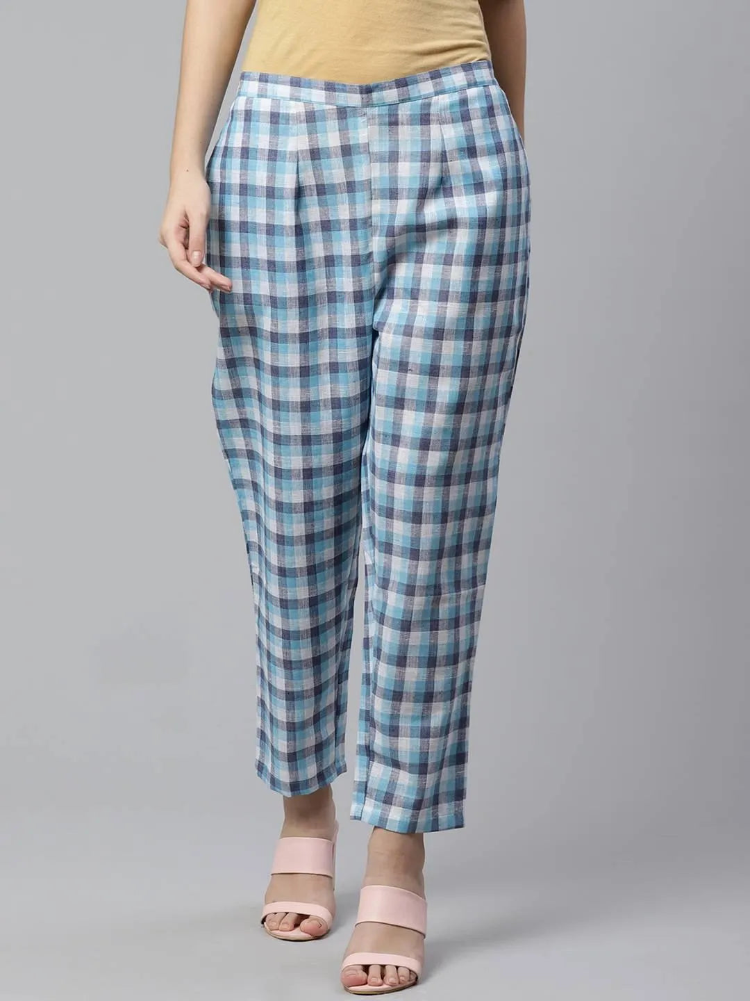 Blue Checkered Cotton Trousers - Libas