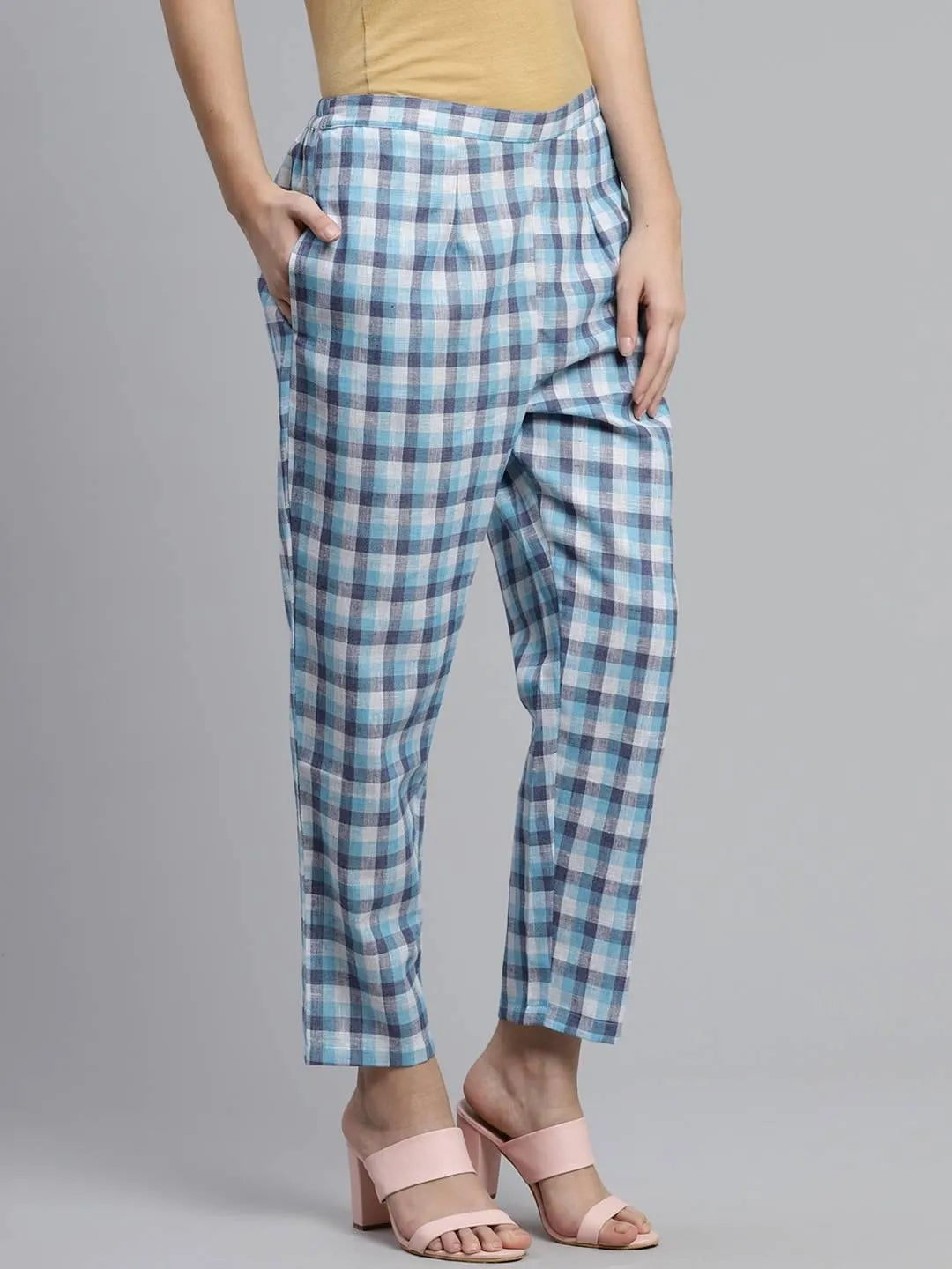 Blue Checkered Cotton Trousers - Libas