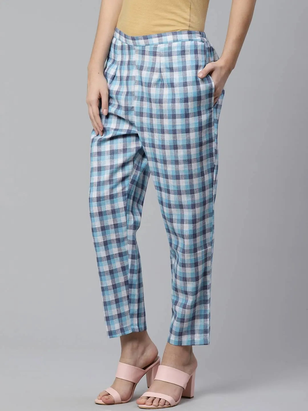 Blue Checkered Cotton Trousers - Libas