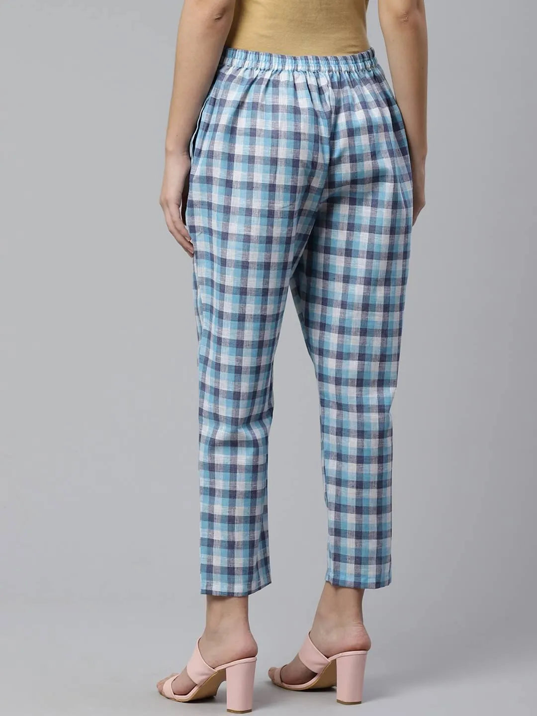 Blue Checkered Cotton Trousers - Libas 