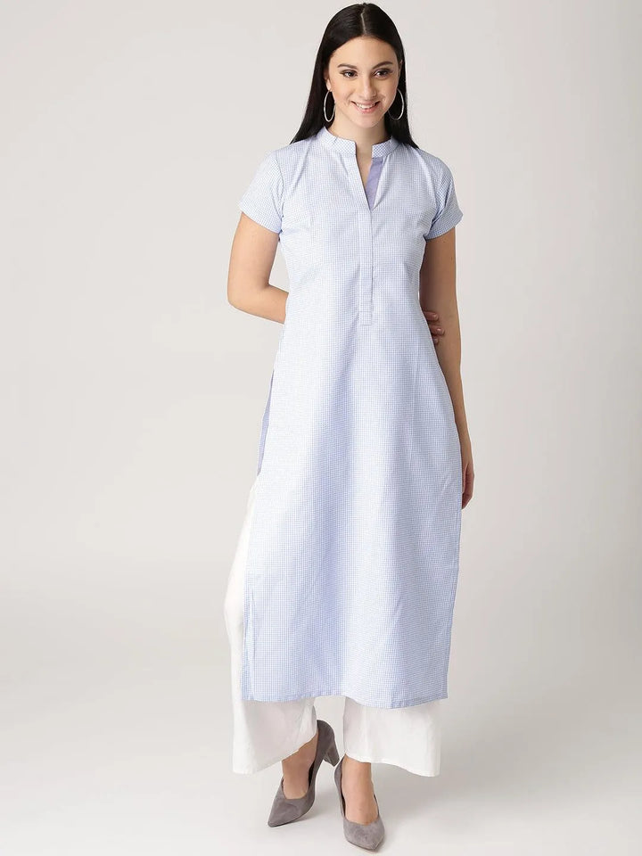 Blue Checkered Polyester Kurta - Libas