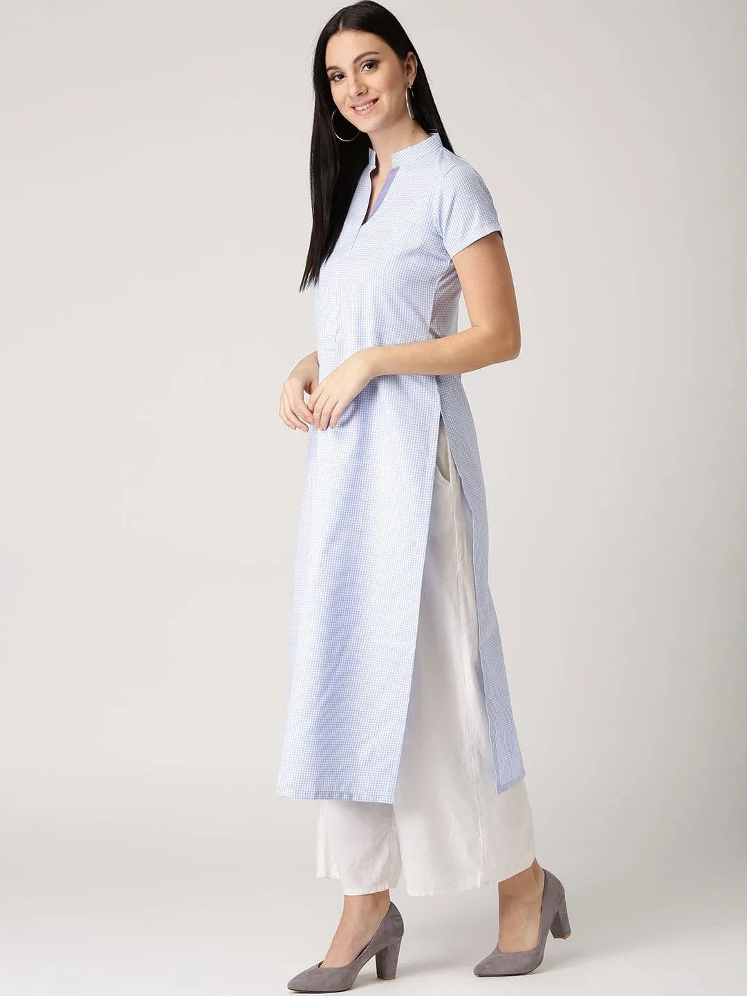 Blue Checkered Polyester Kurta - Libas