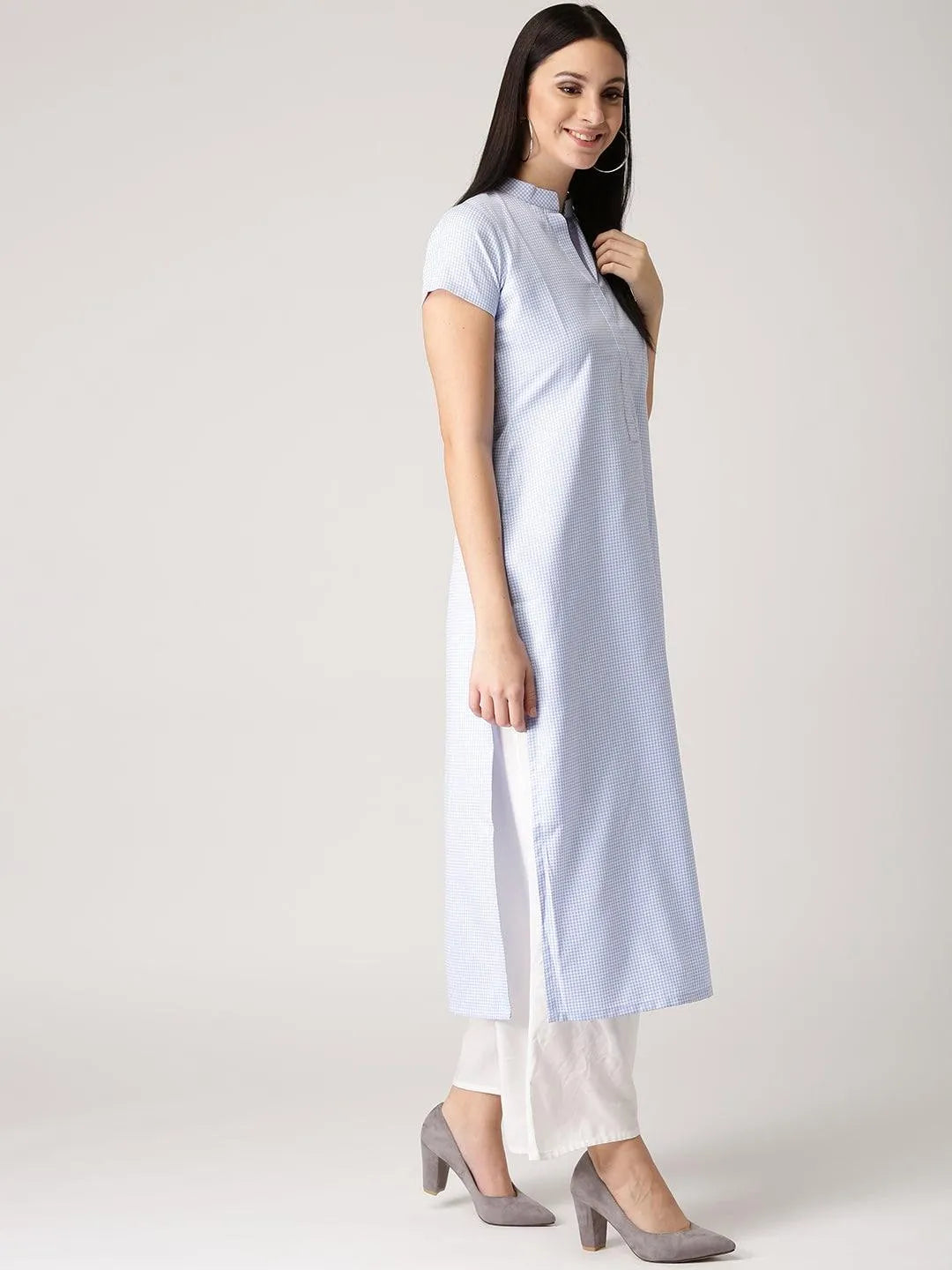 Blue Checkered Polyester Kurta - Libas