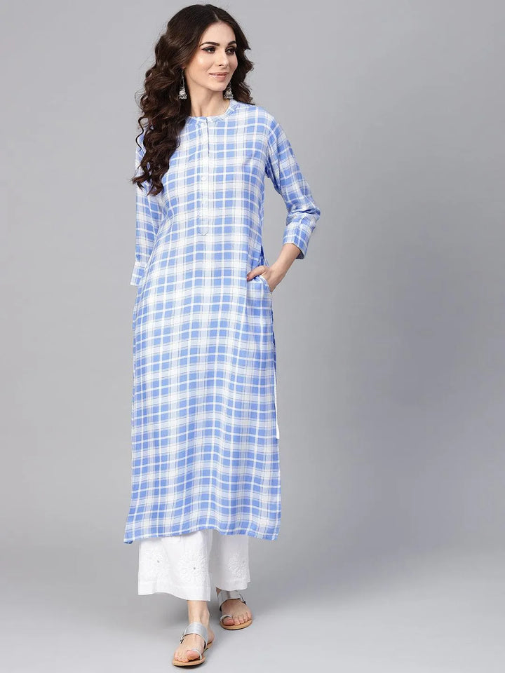 Blue Checkered Rayon Kurta - Libas