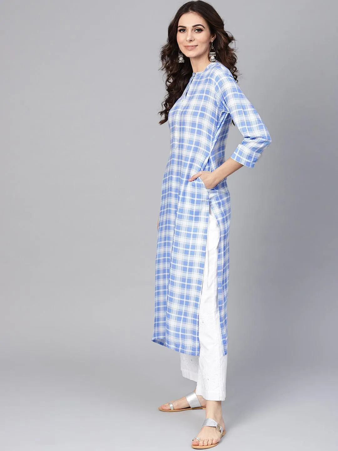 Blue Checkered Rayon Kurta - Libas