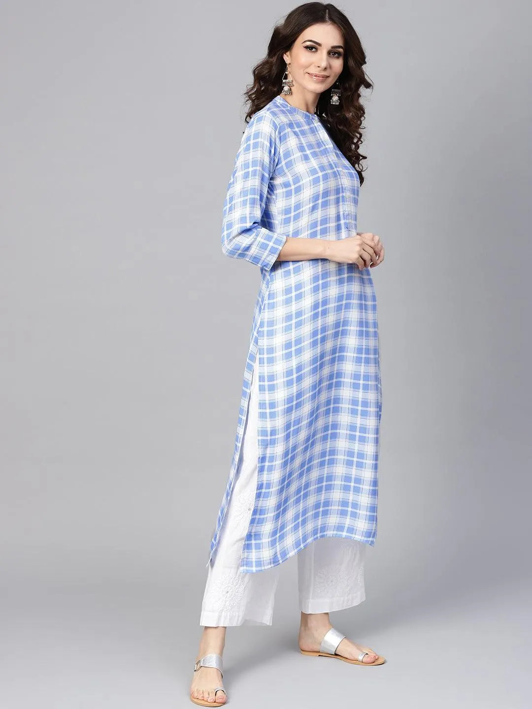 Blue Checkered Rayon Kurta - Libas