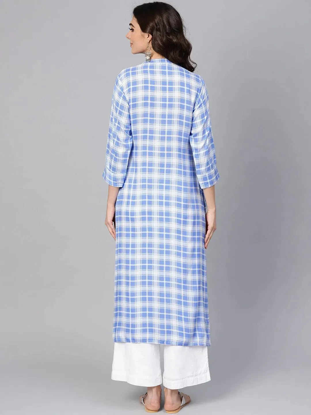 Blue Checkered Rayon Kurta - Libas