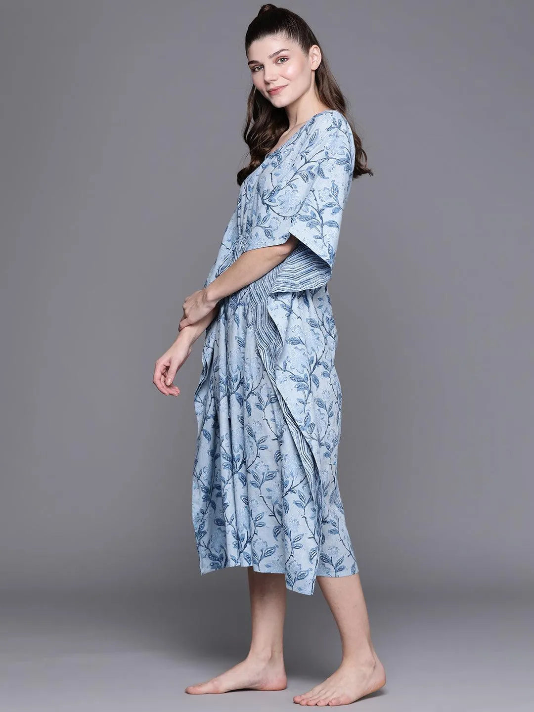 Blue Cotton Printed Kaftan Nightdress - Libas