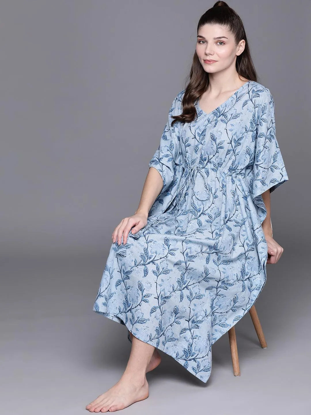 Blue Cotton Printed Kaftan Nightdress - Libas 