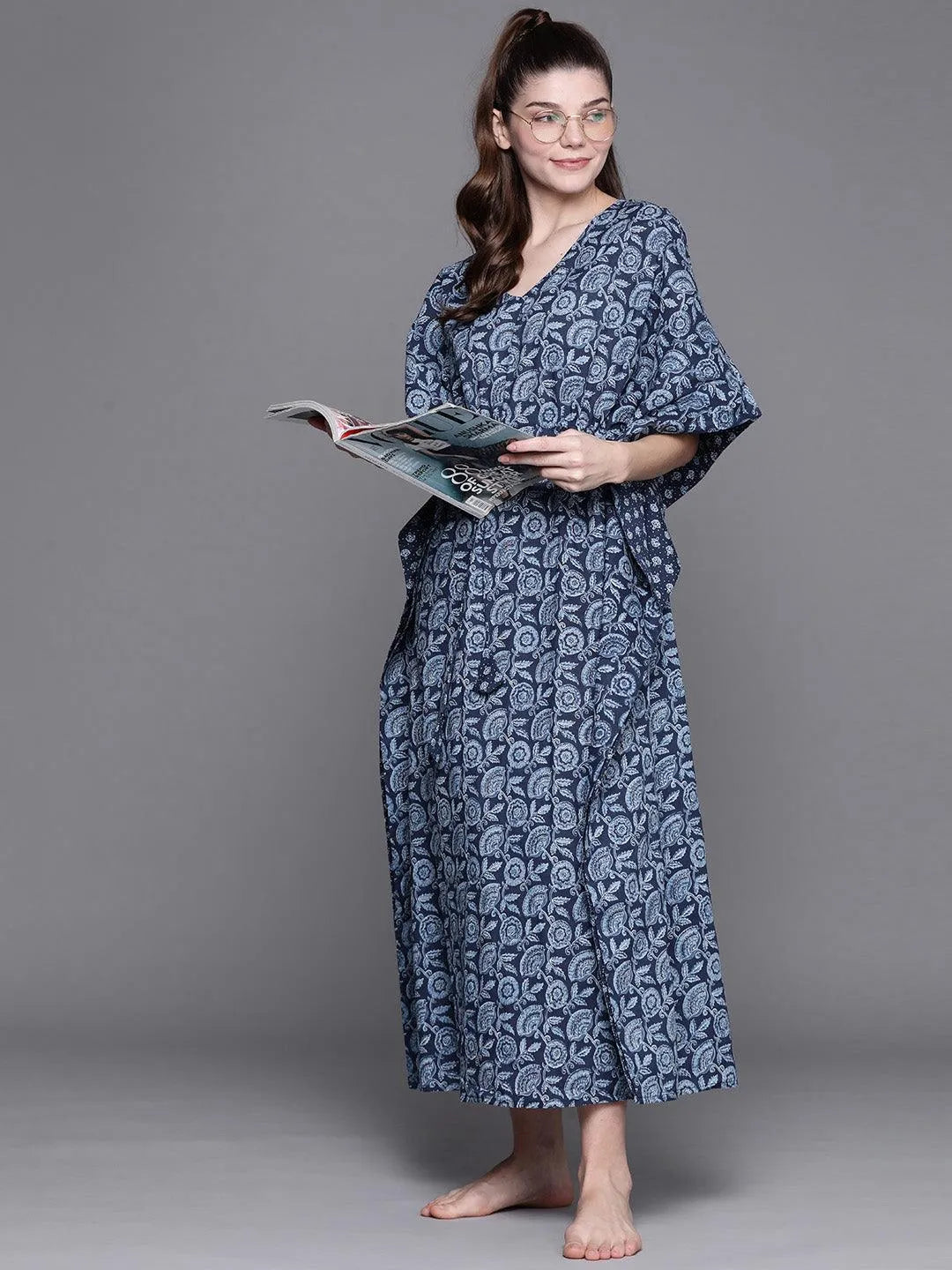 Blue Cotton Printed Kaftan Nightdress - Libas 