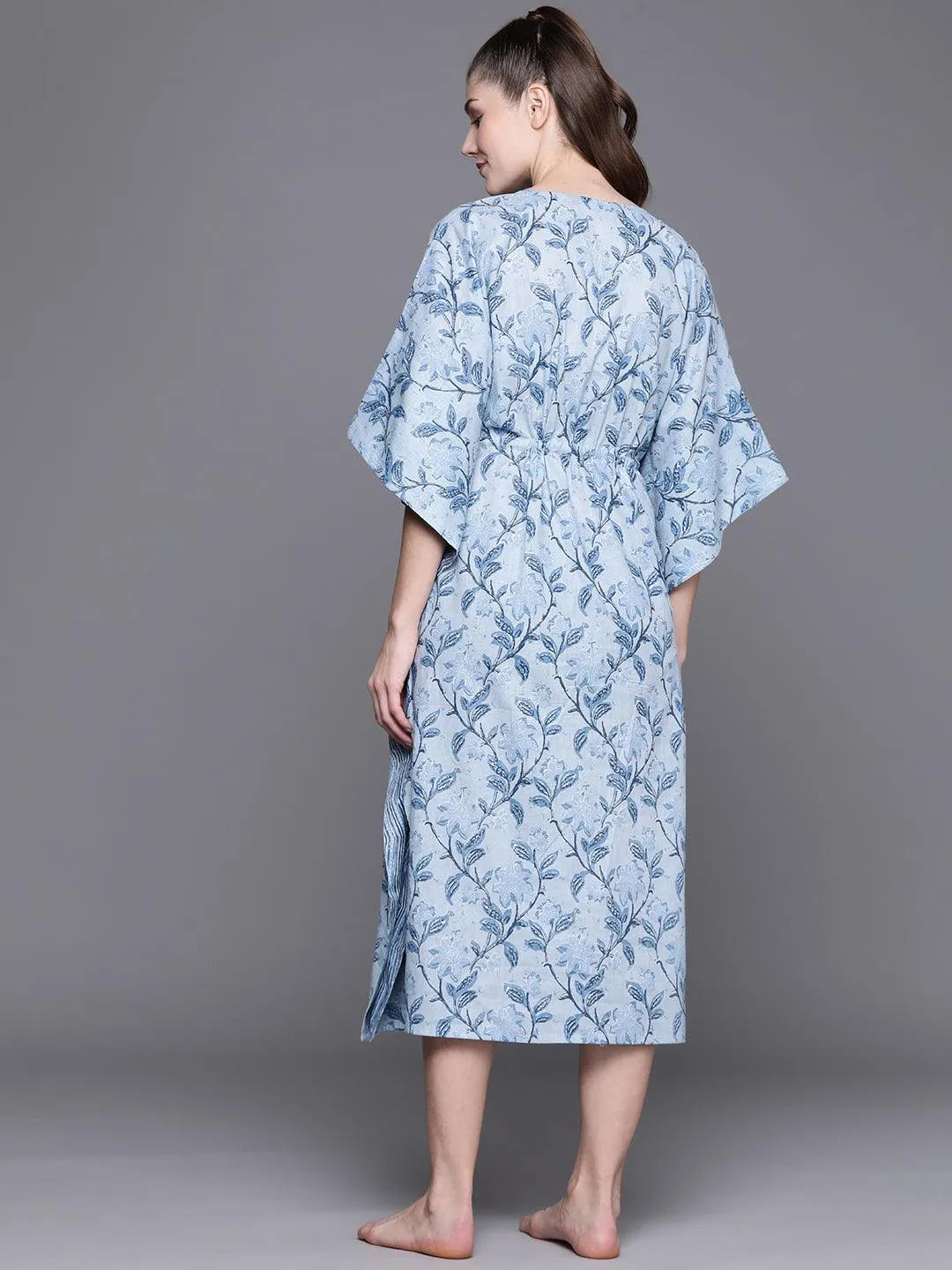 Blue Cotton Printed Kaftan Nightdress - Libas 