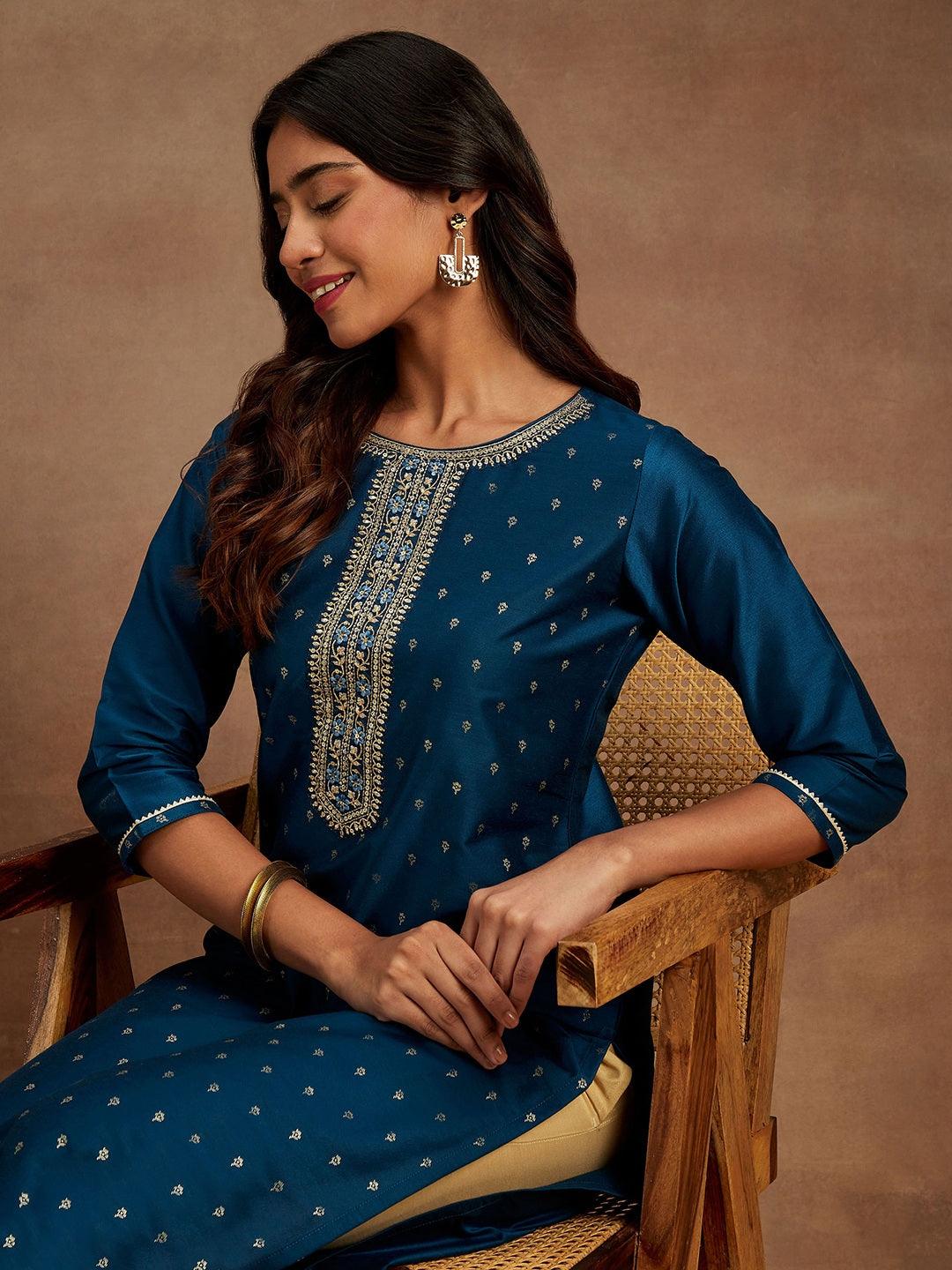 Blue Embellished Chanderi Silk Straight Kurta - Libas