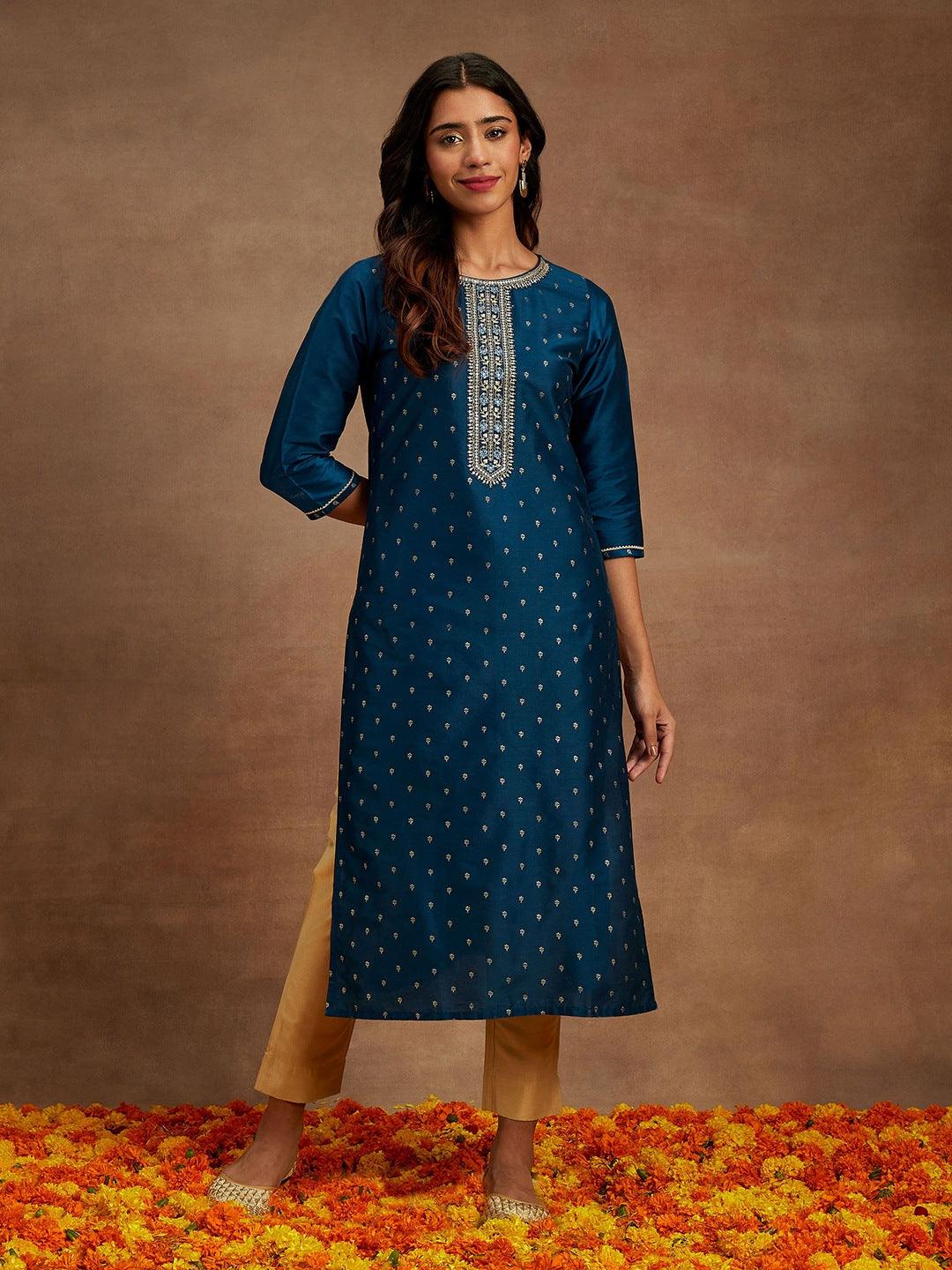 Blue Embellished Chanderi Silk Straight Kurta - Libas