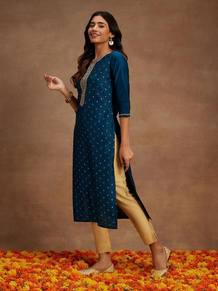 Blue Embellished Chanderi Silk Straight Kurta - Libas