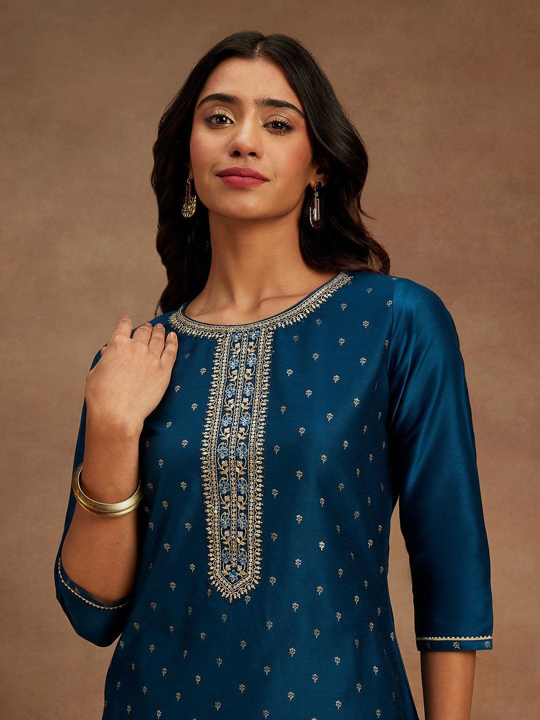 Blue Embellished Chanderi Silk Straight Kurta - Libas