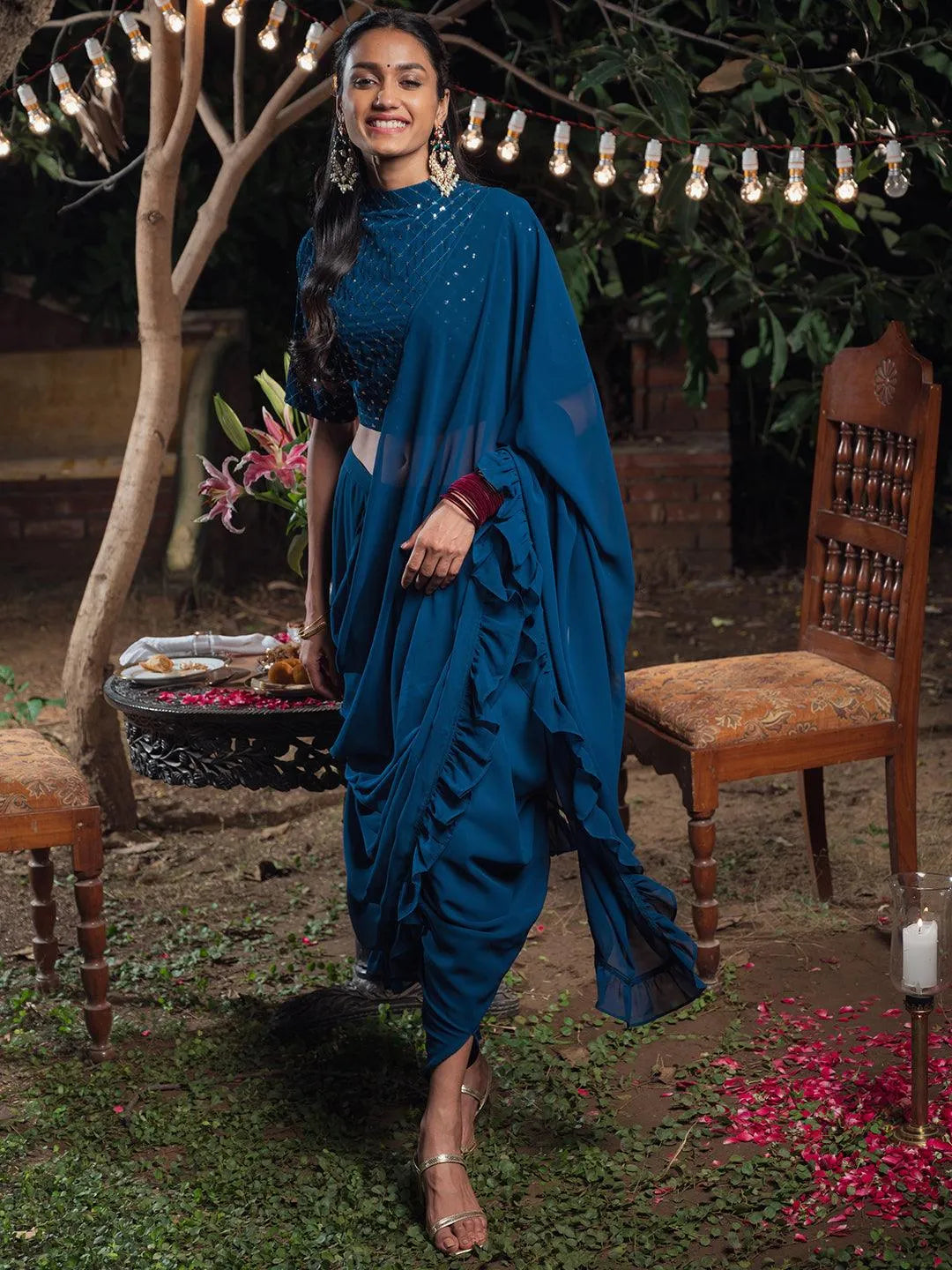 Blue Embellished Georgette Dhoti Saree - Libas 