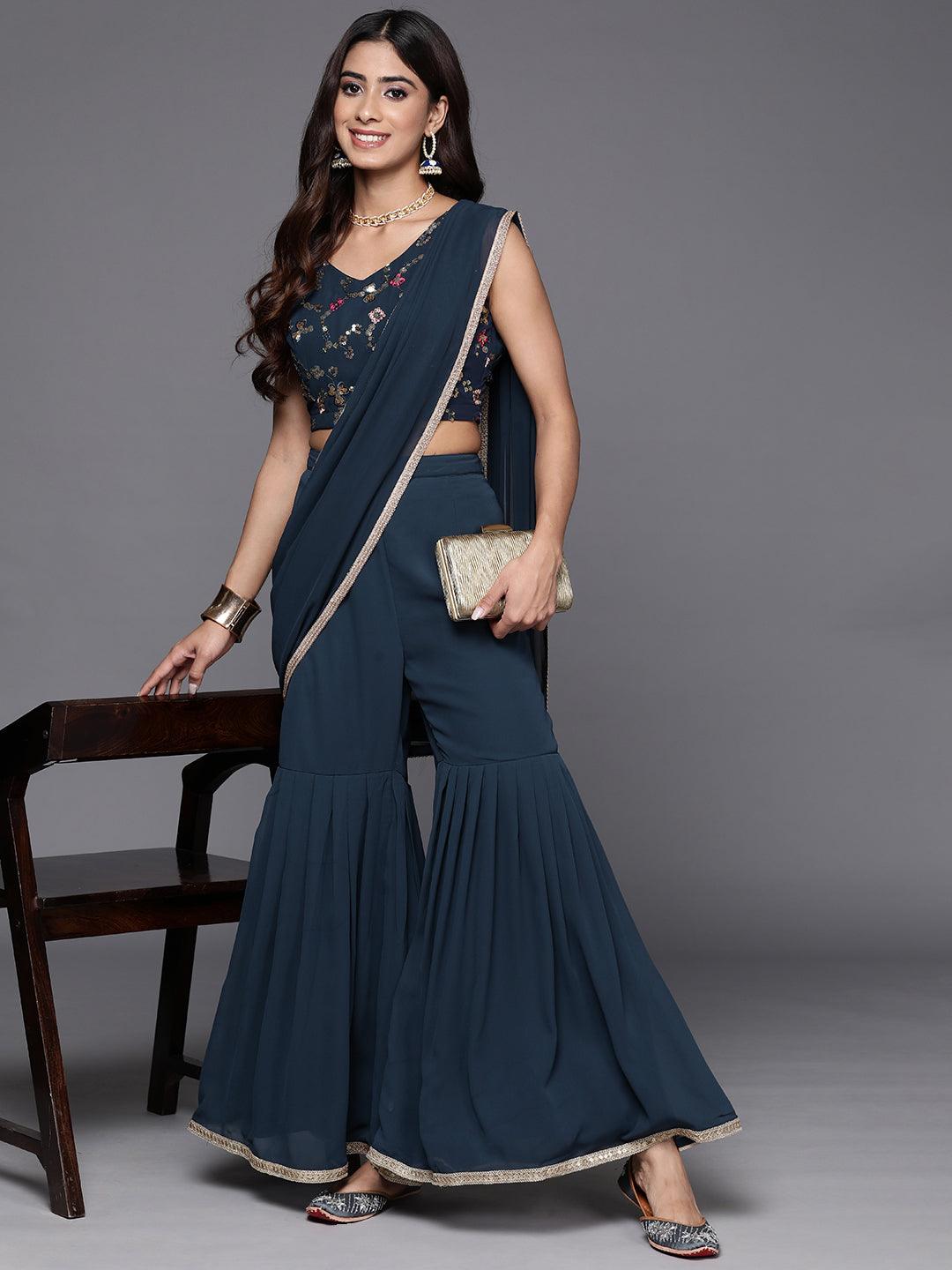 Blue Embellished Georgette Stitched Saree - Libas 