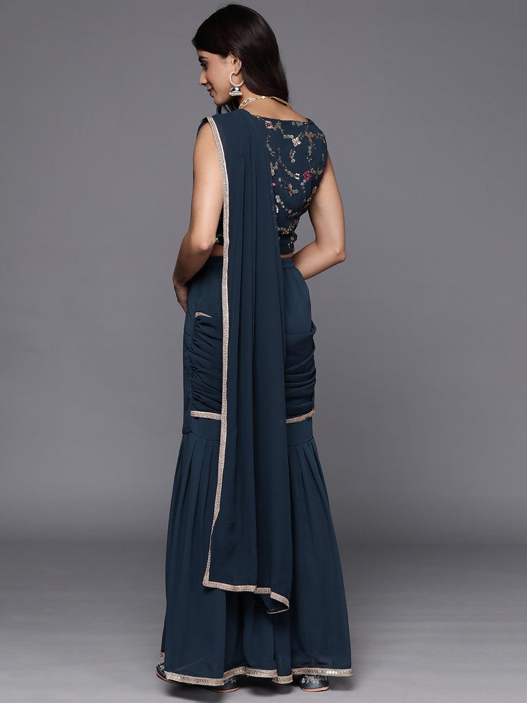 Blue Embellished Georgette Stitched Saree - Libas 